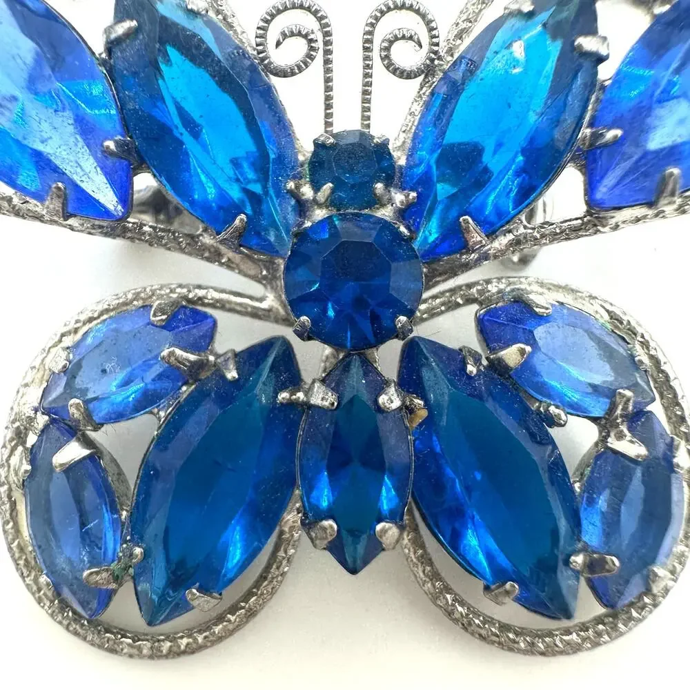 Vintage silver tone royal cobalt blue unfoiled rhinestones butterfly brooch